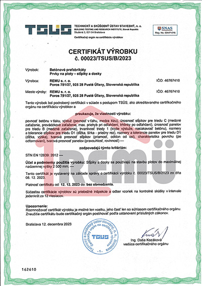 Certifikát betonových výrobkov REMU 2024